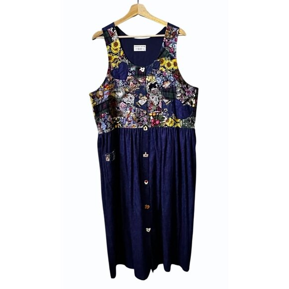 Carole Anderson Patchwork Denim Dress Size Large Floral Farm Animal VINTAGE - Picture 1 of 16